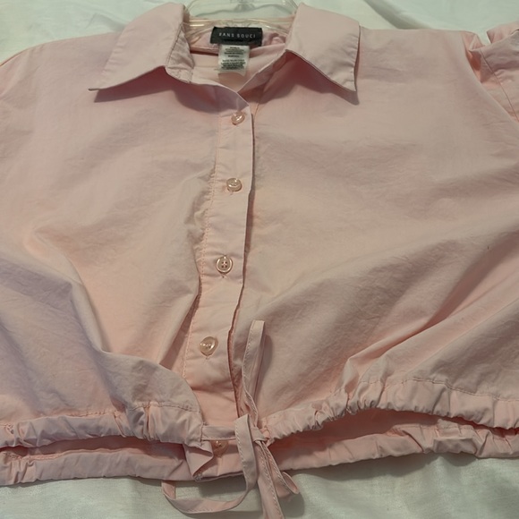 Baby Pink Button-Up Cropped Blouse top puffy long sleeve relaxed fit SZ SM chic - Picture 9 of 16